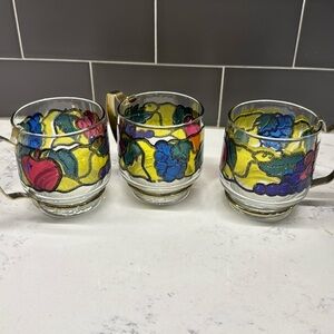 1960's Libbey Hostess Glassware Set 6 Stained Multicolor Fruit Design-New-NOS